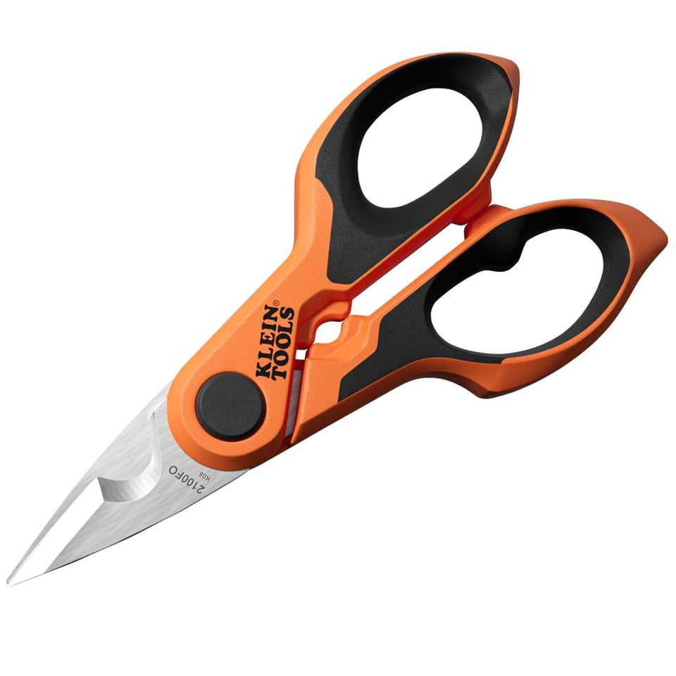 Klein Tools 2100FO stainless scissors close-up blade for precise wire and cable cutting.