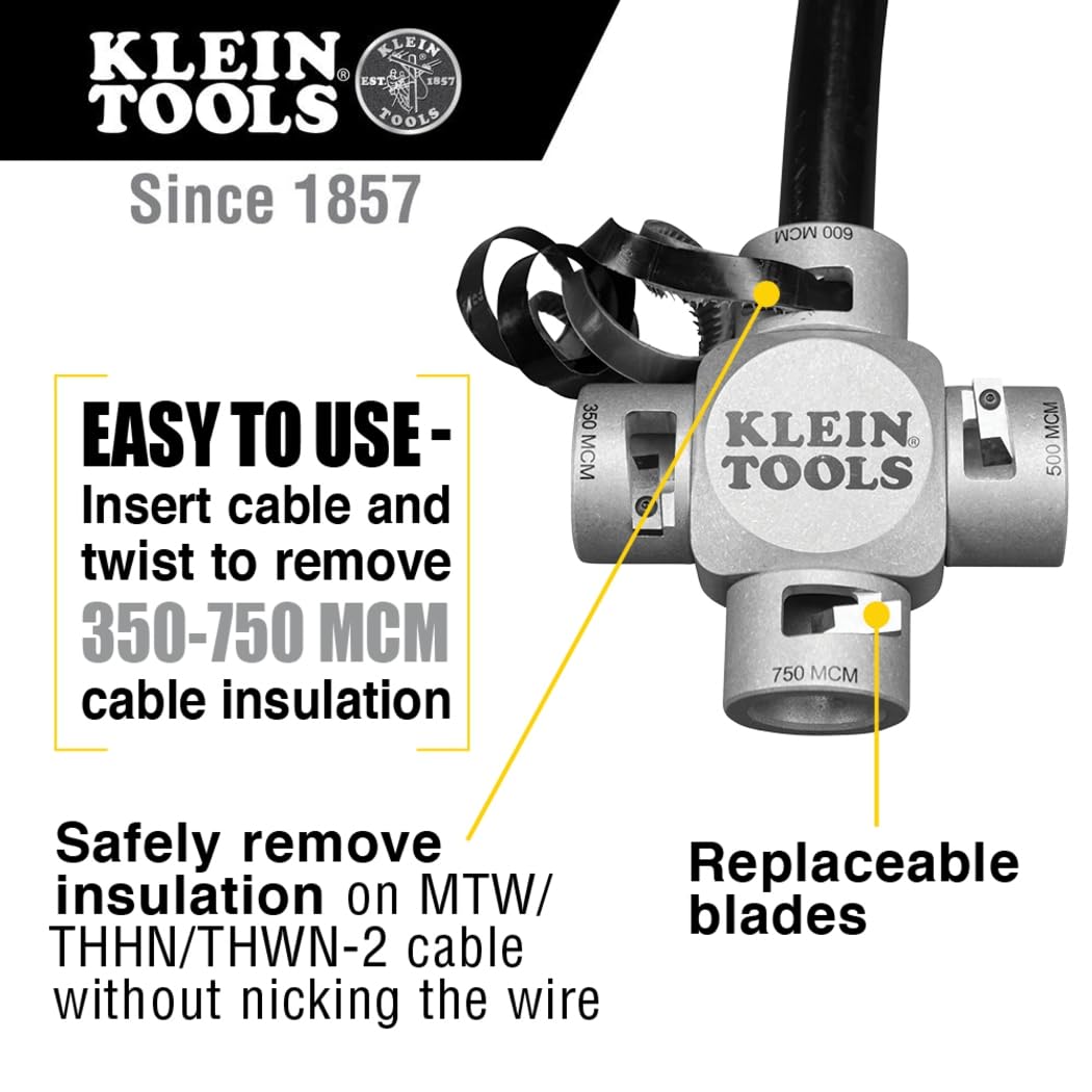 Klein Tools Clover design displays four sizes in one cable stripper for versatility.