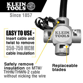 Klein Tools Clover design displays four sizes in one cable stripper for versatility.