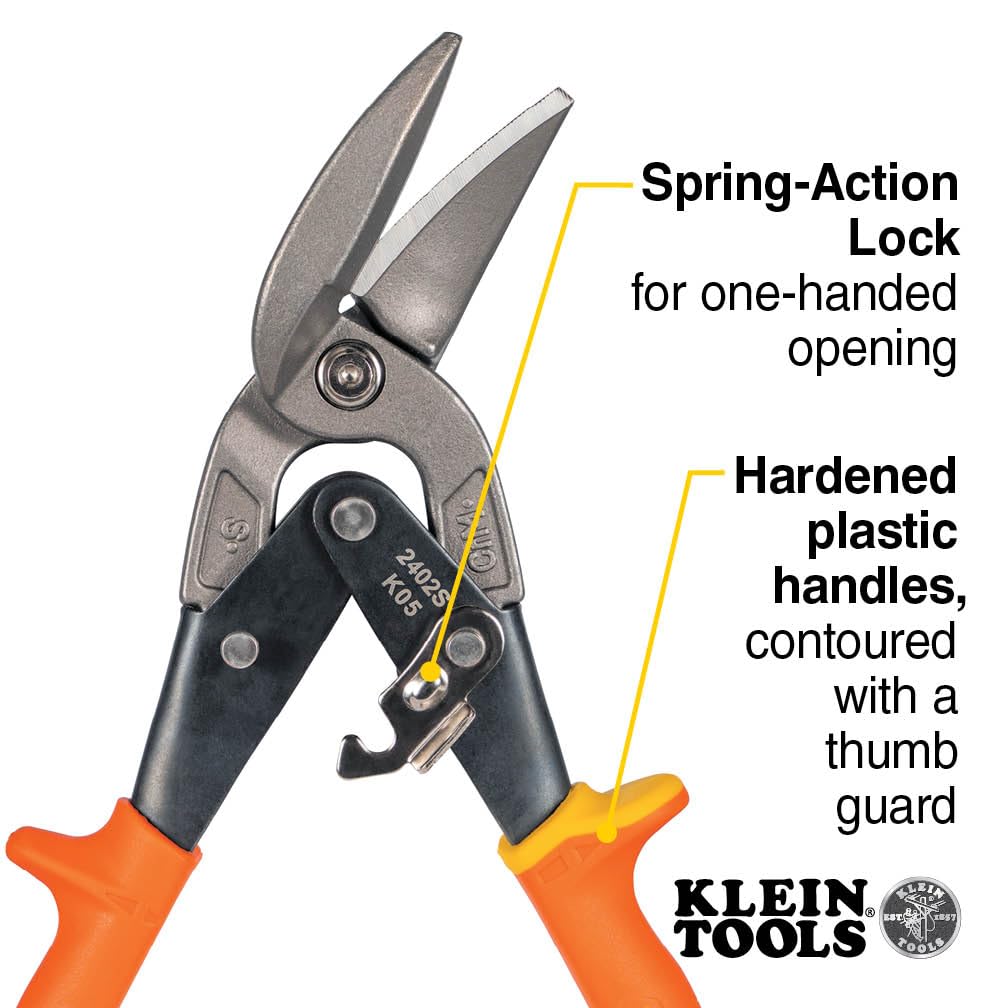 Klein Tools 2402S aviation tin snips for clean sheet metal cuts.