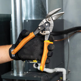 Klein Tools 2402S cutting sheet metal up to 22 gauge stainless and 18 gauge steel.