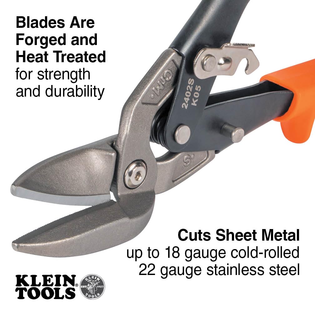 Klein Tools 2402S forged blades highlighting durability for metal trimming.