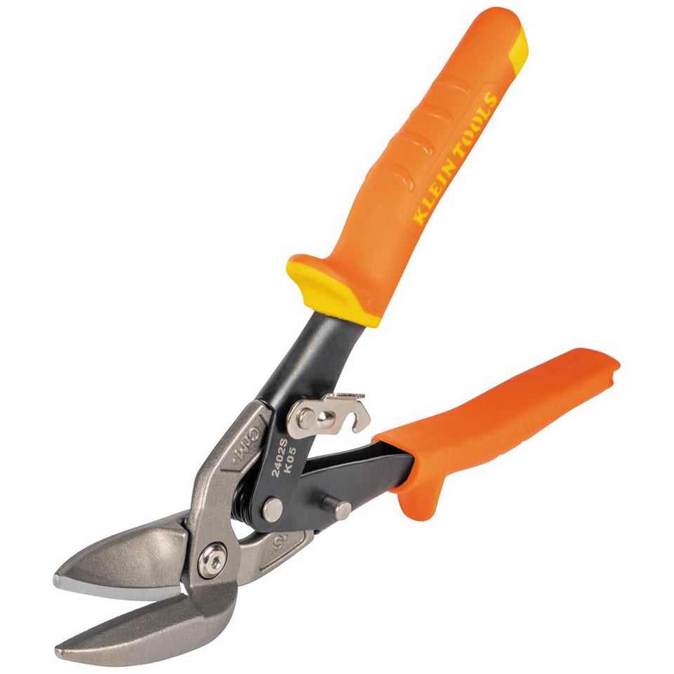 Klein Tools 2402S offset blades enabling precise cuts in tight curves for sheet metal.