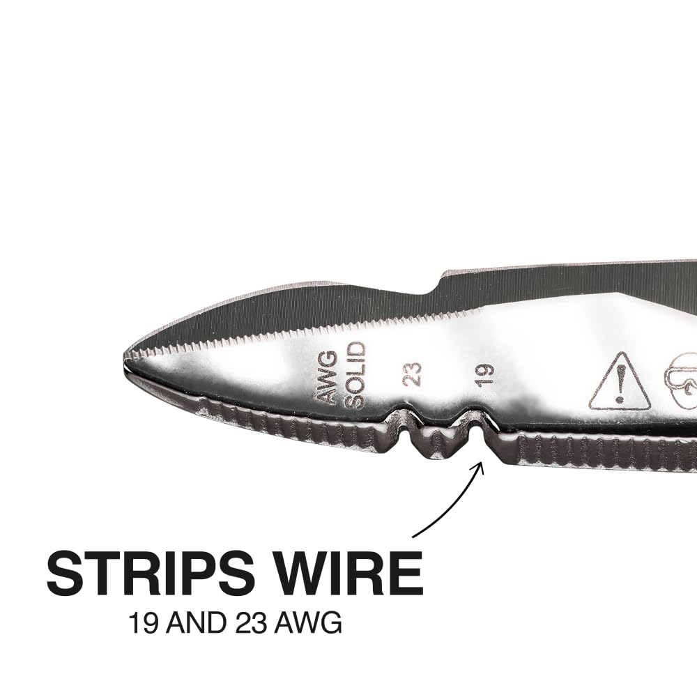 Klein Tools 26001 cable-cutting notch handles up to 12 AWG for sturdy cuts.