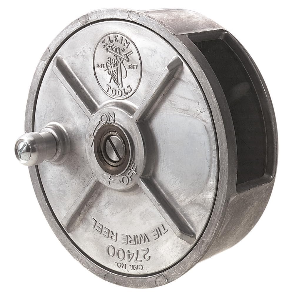 Klein Tools 27400 tie-wire reel front view, lightweight aluminum for easy handling.