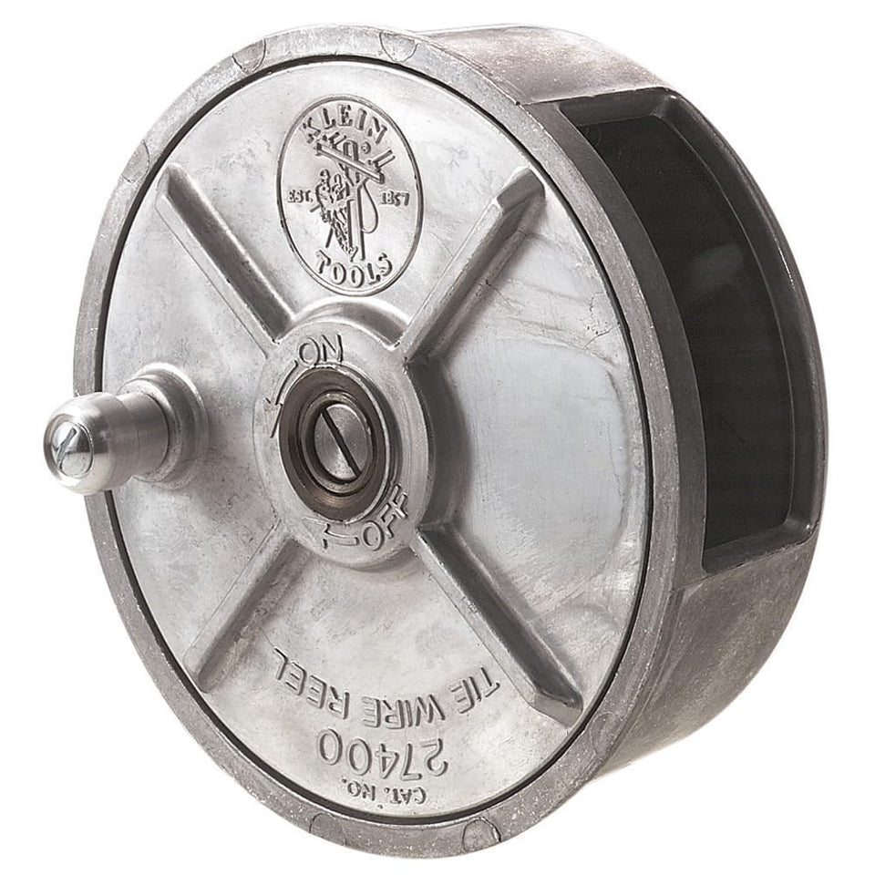 Klein Tools 27400 tie-wire reel front view, lightweight aluminum for easy handling.