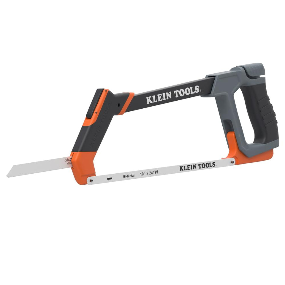 Klein Tools 31430 hacksaw frame supports stable cutting for metal, PVC, and wood.