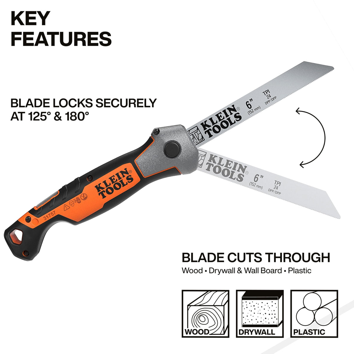 Klein Tools 31757 dual lock jab saw showing 125 and 180 degree positions for flexible reach