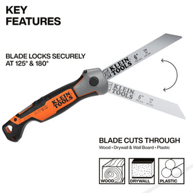 Klein Tools 31757 dual lock jab saw showing 125 and 180 degree positions for flexible reach