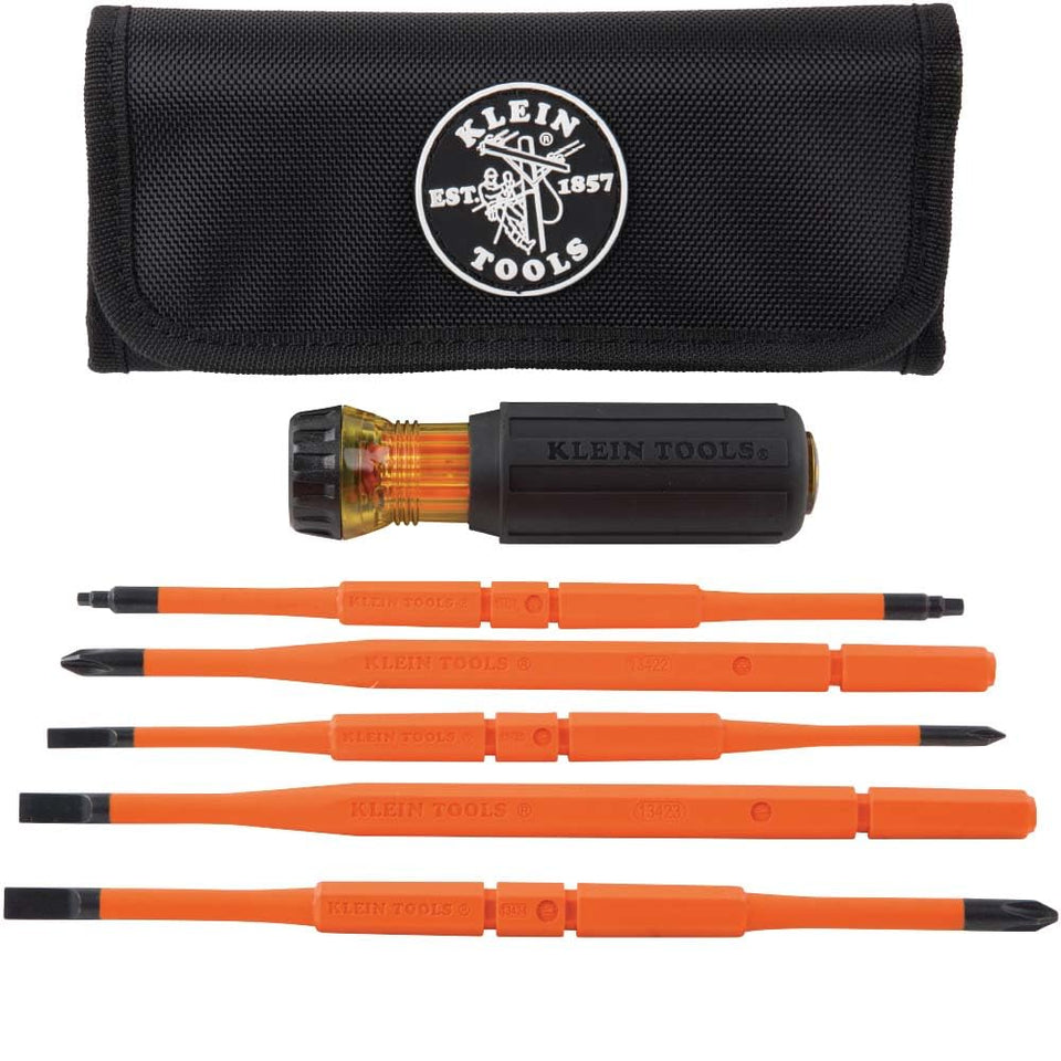 Klein Tools 32288 insulated screwdriver set with interchangeable blades for versatile electrical tasks.