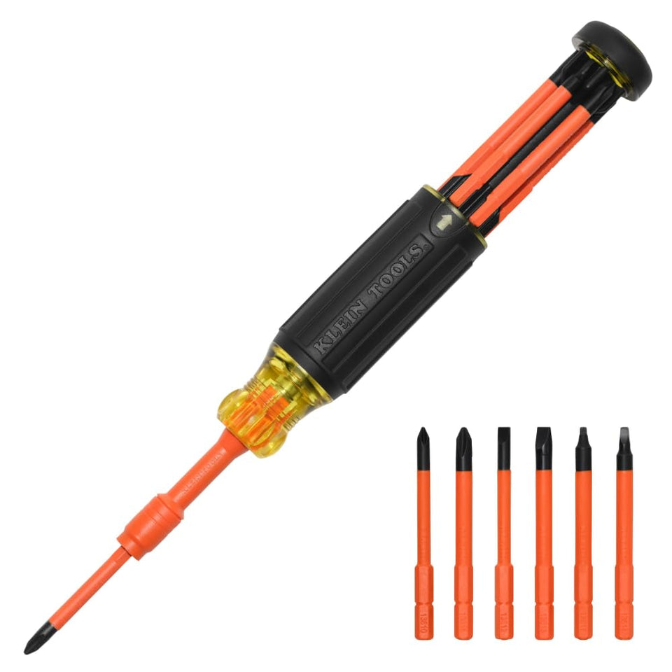 Klein Tools 32306INS insulated multi-bit screwdriver viewed from above showing six bits inside handle for quick access.