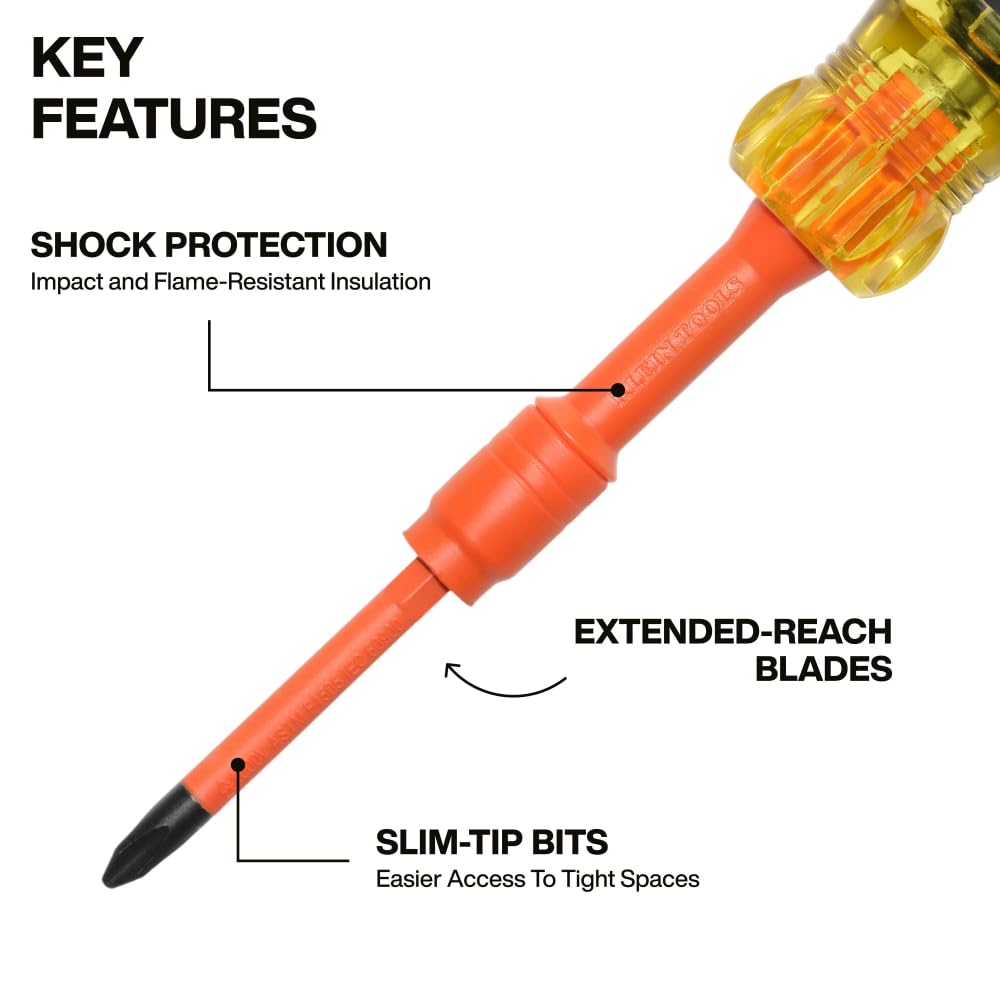 Klein Tools 32306INS slim-tip design reaching into tight electrical spaces.