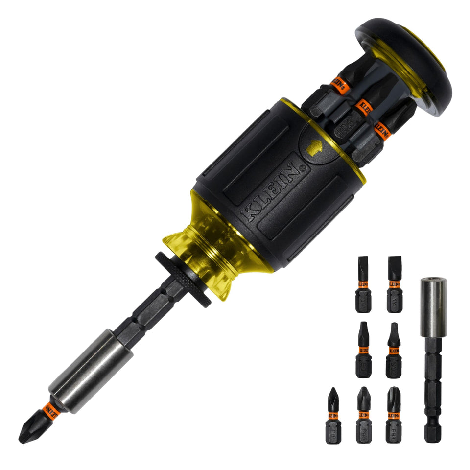 Klein Tools 32308 multi-bit stubby screwdriver with compact handle for tight spaces.
