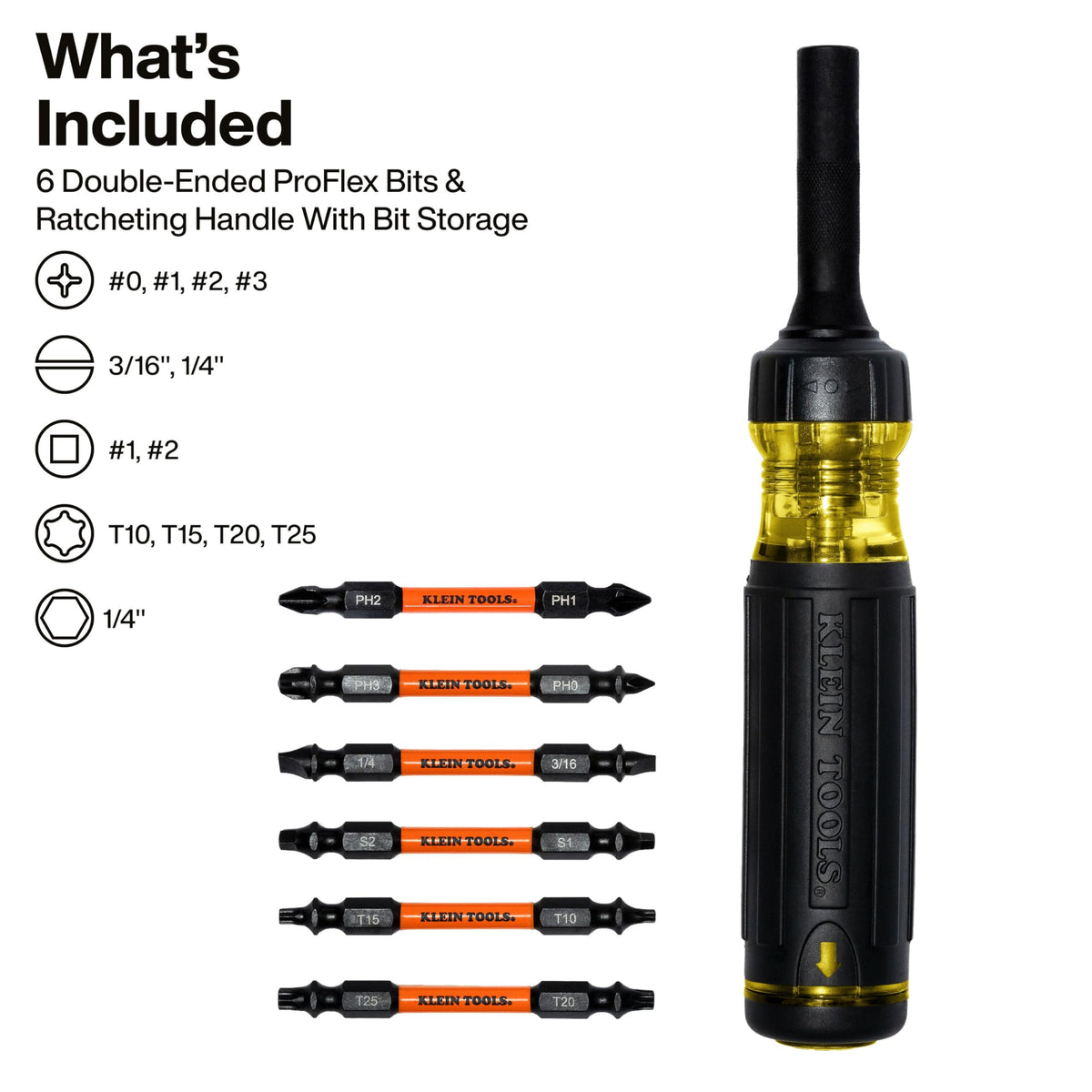 Klein Tools 32313HD Pro-Flex bits onboard for quick bit changes.