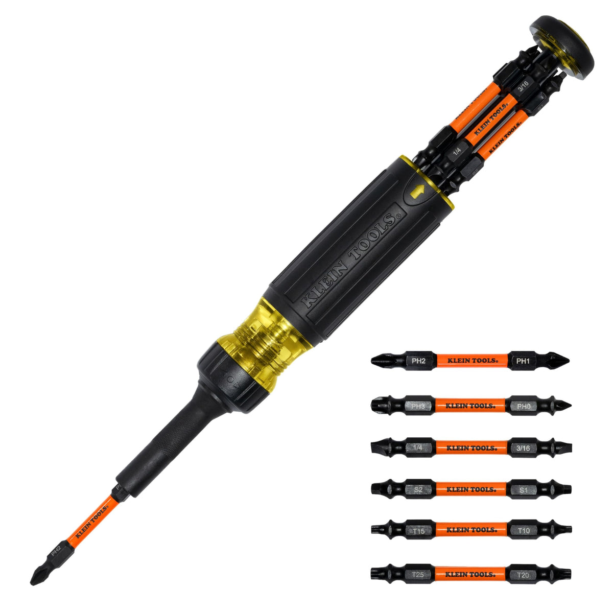 Klein Tools 32313HD ratcheting screwdriver case keeps bits organized.
