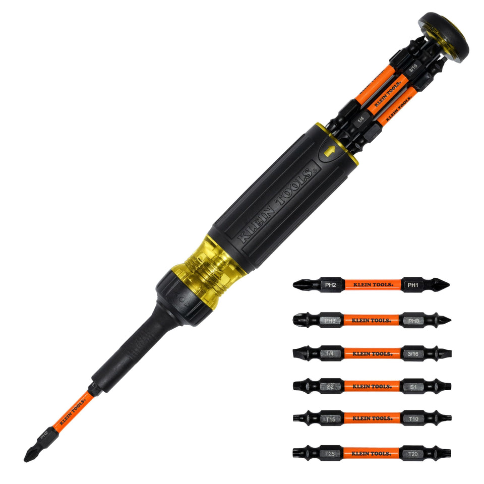 Klein Tools 32313HD ratcheting screwdriver case keeps bits organized.