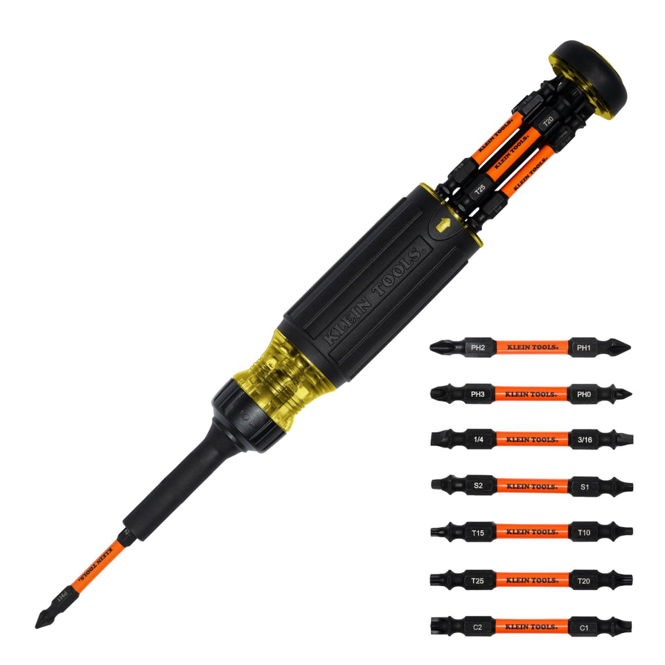 Klein Tools 32315HD front view showing the 15-in-1 ratcheting screwdriver in use