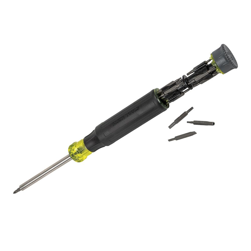 Klein Tools 32327 precision screwdriver with built-in handle storage for quick access.