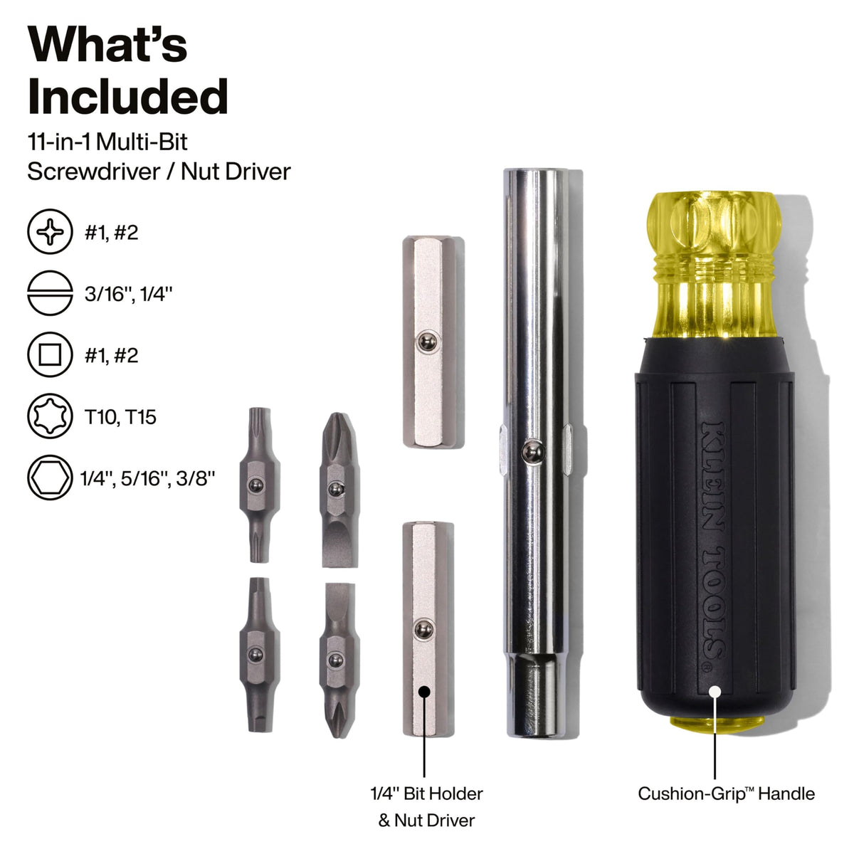 Klein Tools 32500 interchangeable bits for quick swaps on fasteners