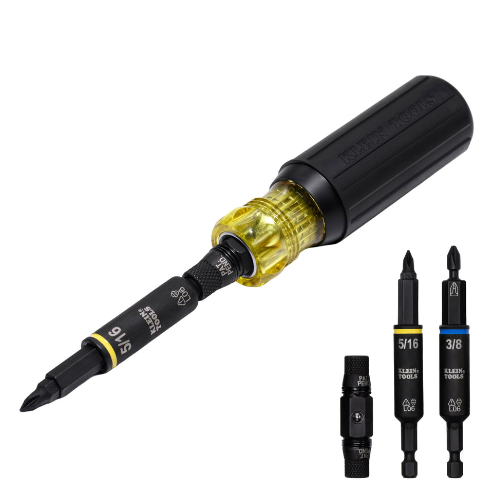 Klein Tools 32500HD tip view shows interchangeable bits for quick tasks