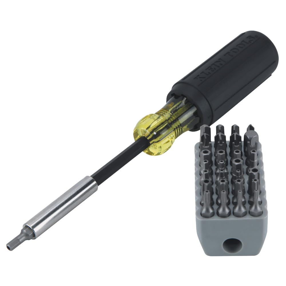 Klein Tools 32510 magnetic multibit screwdriver with storage block keeps bits organized.
