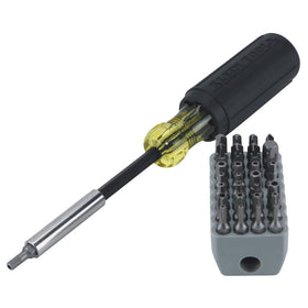 Klein Tools 32510 magnetic multibit screwdriver with storage block keeps bits organized.