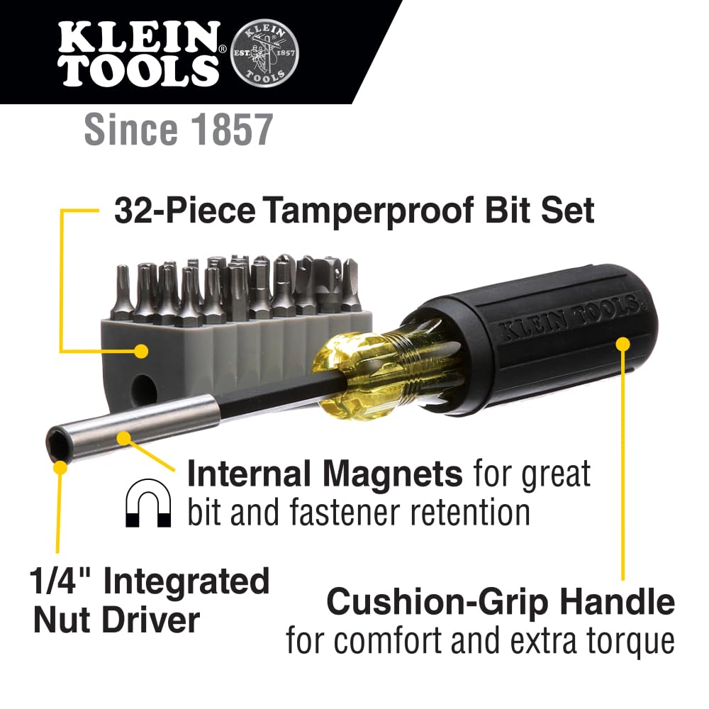Klein Tools tamperproof bit set for secure fastening options.