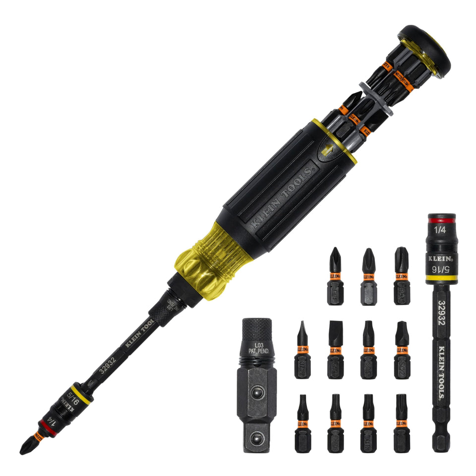 Klein Tools 32516HD KNECT 16-in-1 screwdriver showing versatile bit options for quick repairs