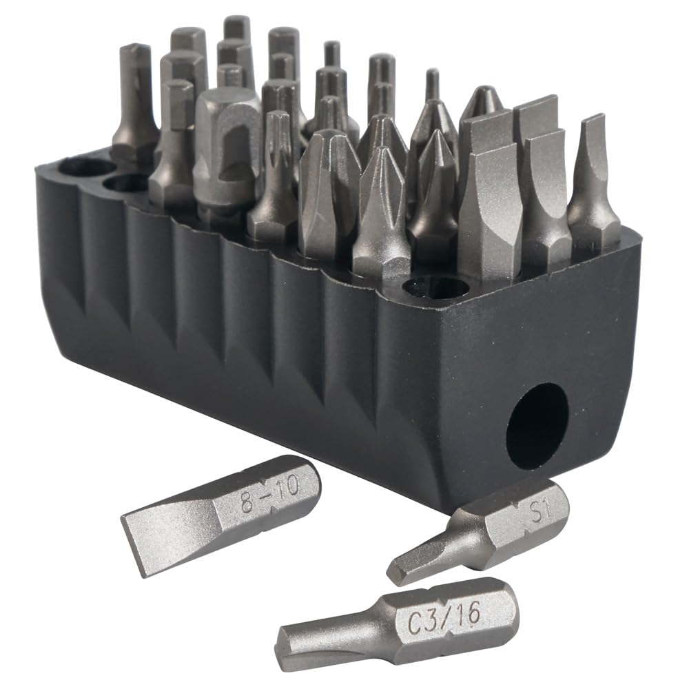 Klein Tools 32526 slotted and square recess bits for varied screw types.