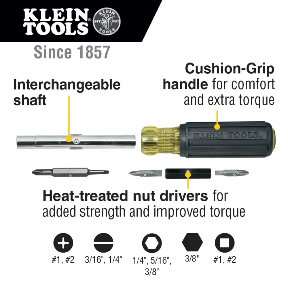 Klein Tools 32557 universal tips and nut driver conversion enables quick changes.