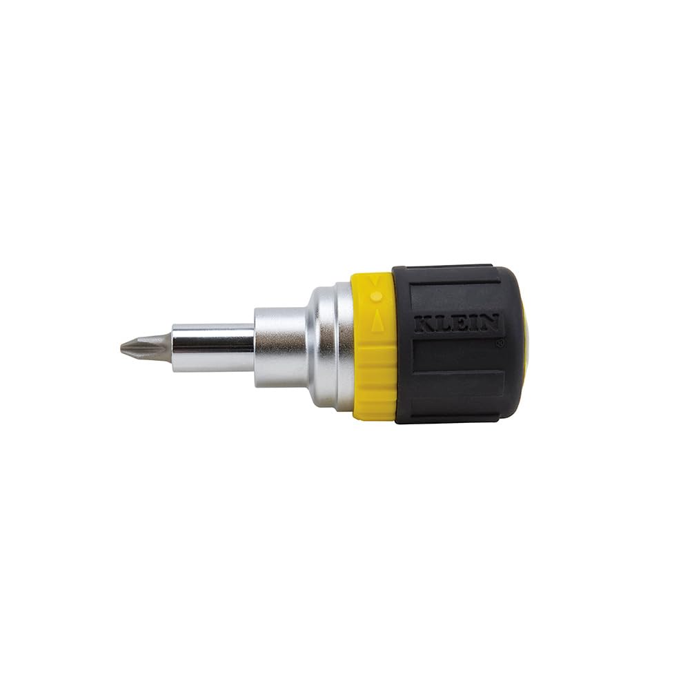 Klein Tools 32593 ratcheting stubby screwdriver close-up with cushioned grip for comfortable torque.