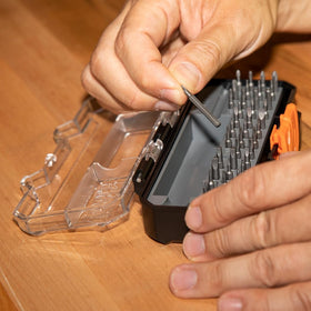 Klein Tools 32717 compact carrying case keeps bits organized.