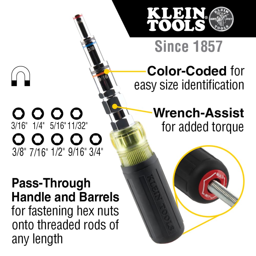 Klein Tools 32809MAG hollow barrels support secure nut placement during tightening.