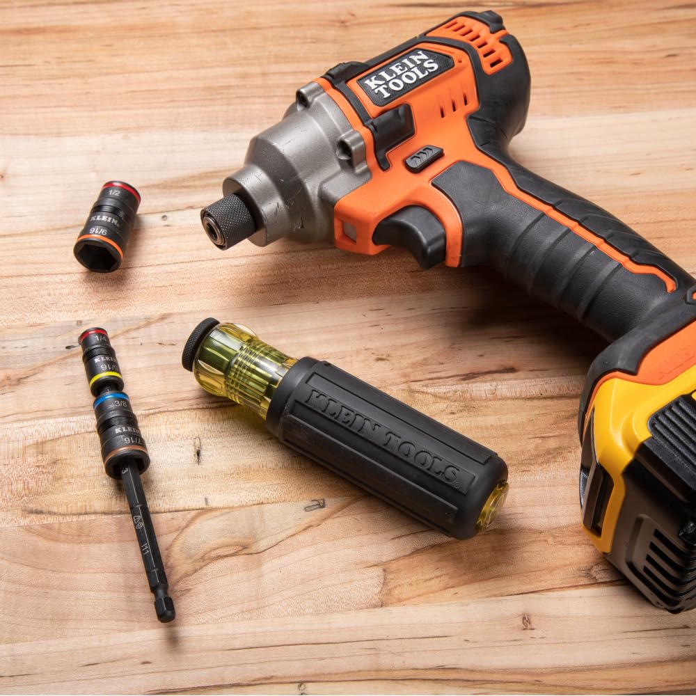 Klein Tools 32910 socket storage keeps flip sockets organized on the shaft.