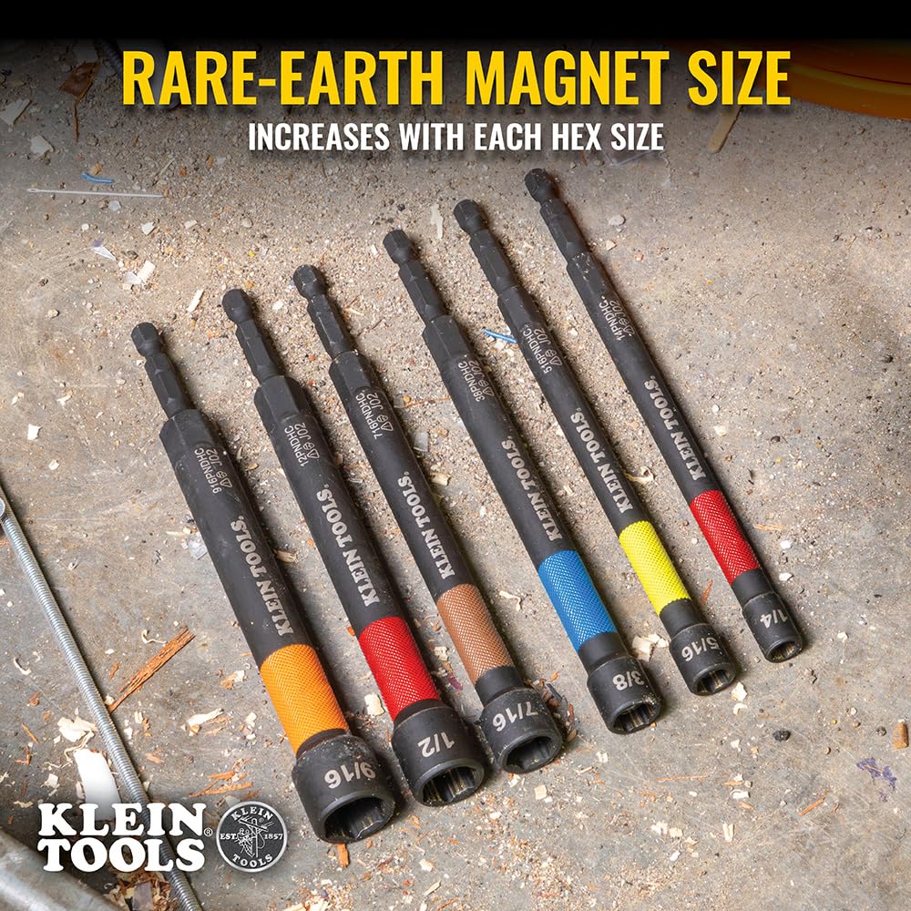 Klein Tools 32930 color-coded hex sizes aiding fast, accurate driver selection.