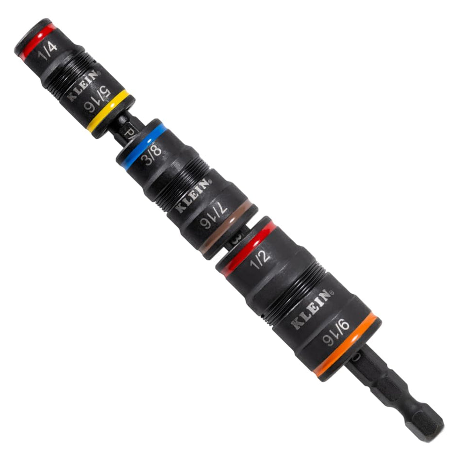 Klein Tools 32933 flip sockets closeup showing compact 7-in-1 design for quick size changes