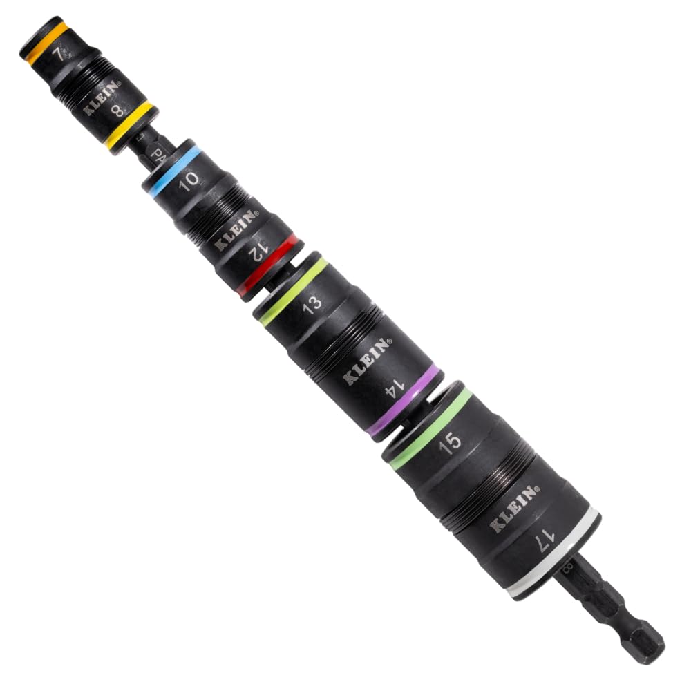 Klein Tools 32934M 8-in-1 socket set attached to impact driver for quick size changes