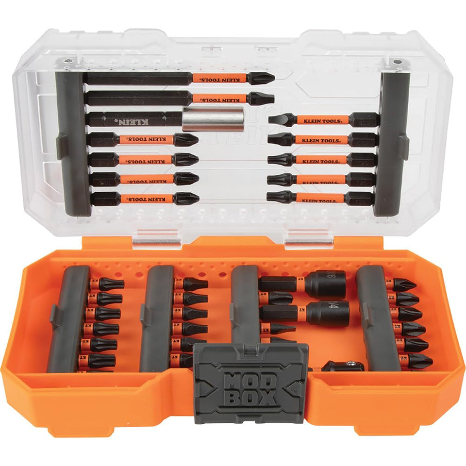 Klein Tools 33801 case open with organized ProFlex bits for quick access