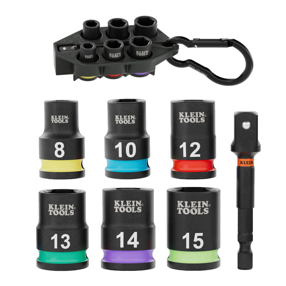 Klein Tools 33808M grab-and-go sockets with 8–15 mm sizes for quick field repairs