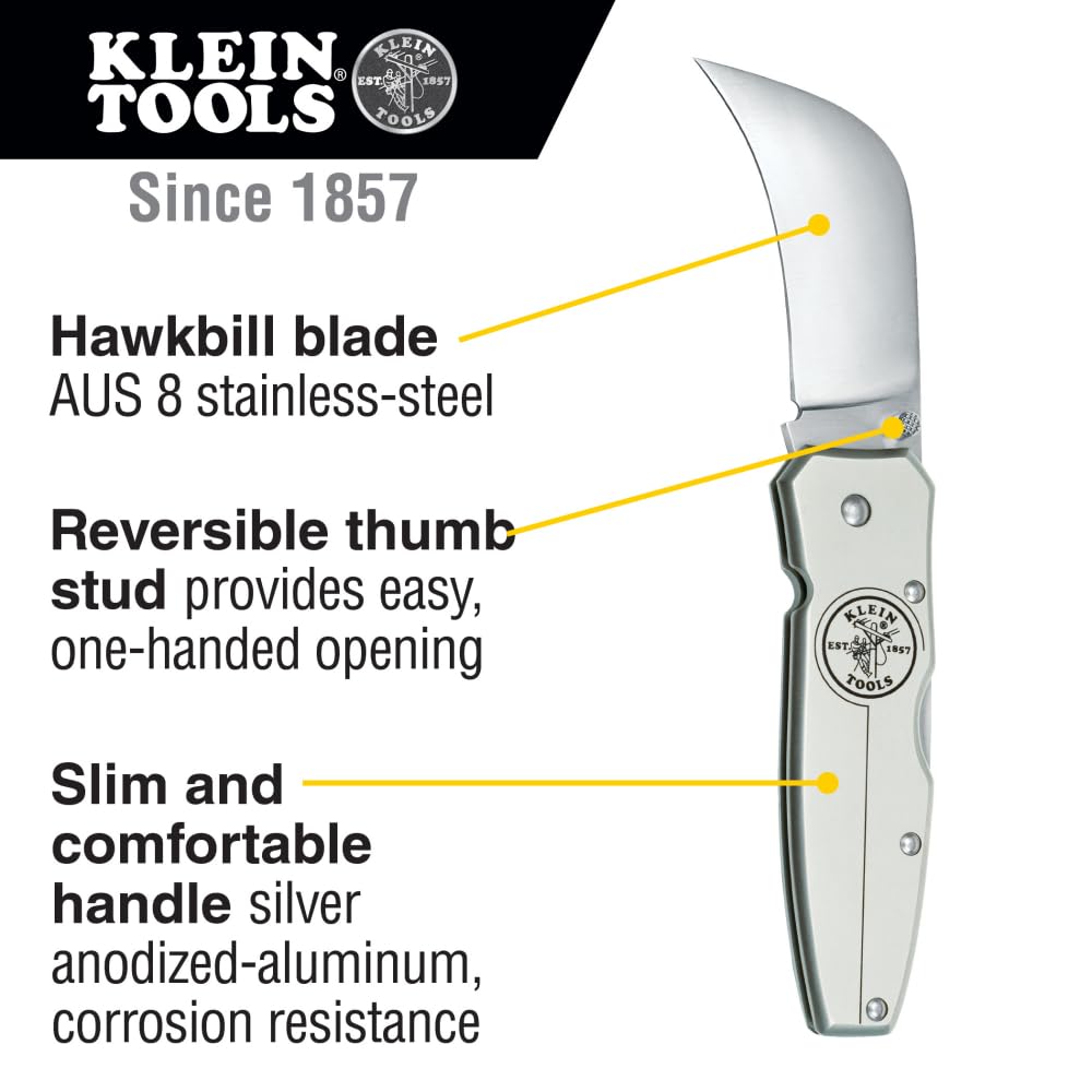 Klein Tools hawkbill knife with aluminum handle offers lightweight durability