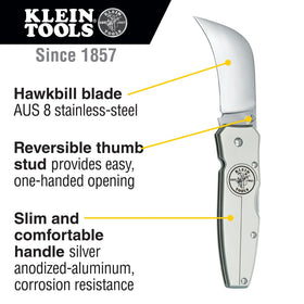 Klein Tools hawkbill knife with aluminum handle offers lightweight durability
