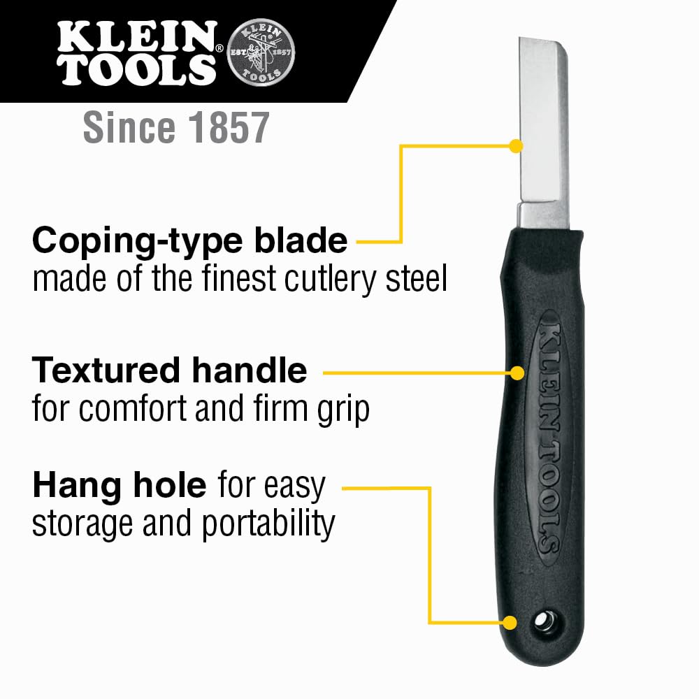 Klein Tools 44200 blade closeup highlights coping-type blade for clean cuts.