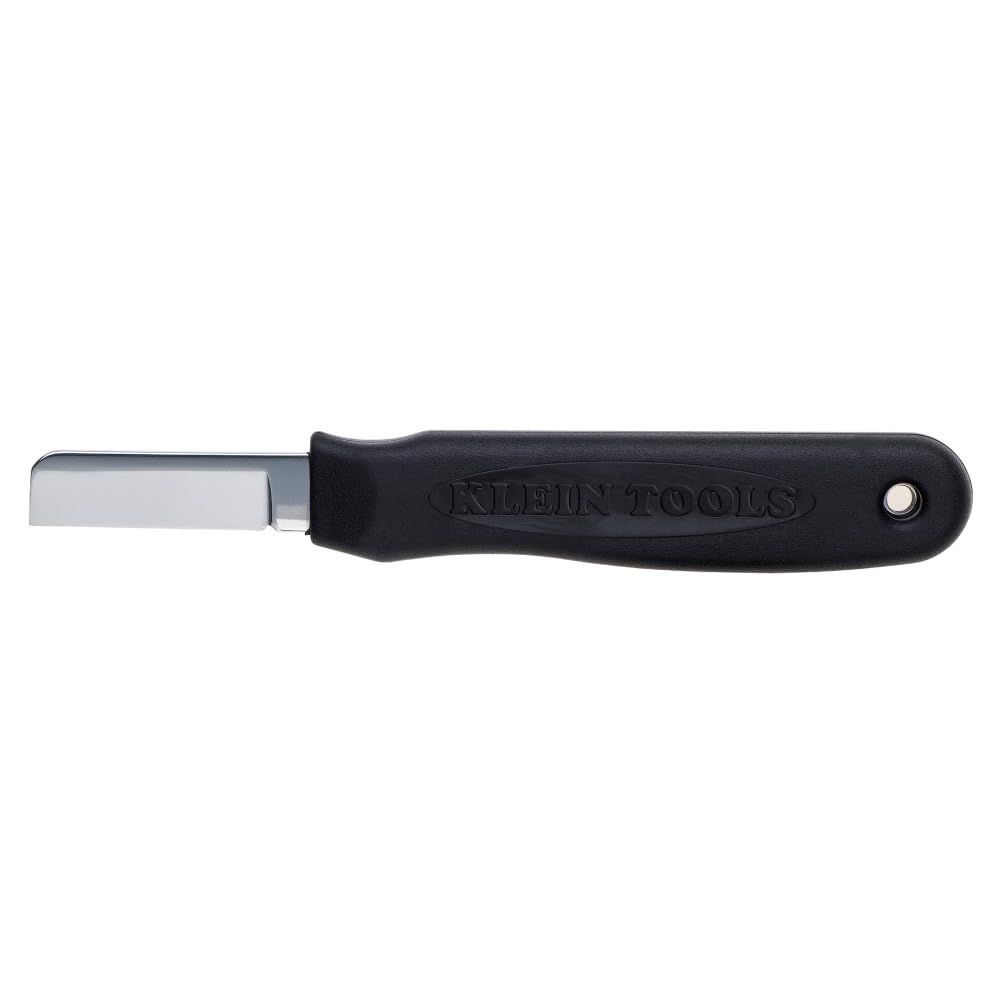 Klein Tools 44200 cable splicer knife front view shows compact design for tight cable spaces.