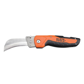 Klein Tools 44218 folding knife with hawkbill blade for precise cable skinning.