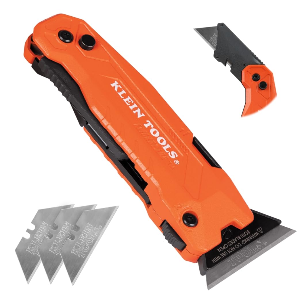 Klein Tools FLICKBLADE folding knife with ergonomic aluminum body for precise cuts.