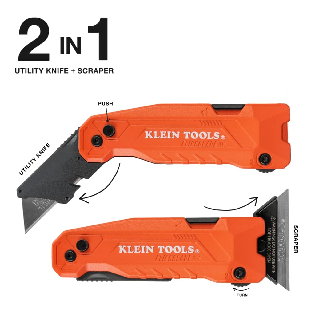Klein Tools FLICKBLADE scraper head in action for clean edge scraping.