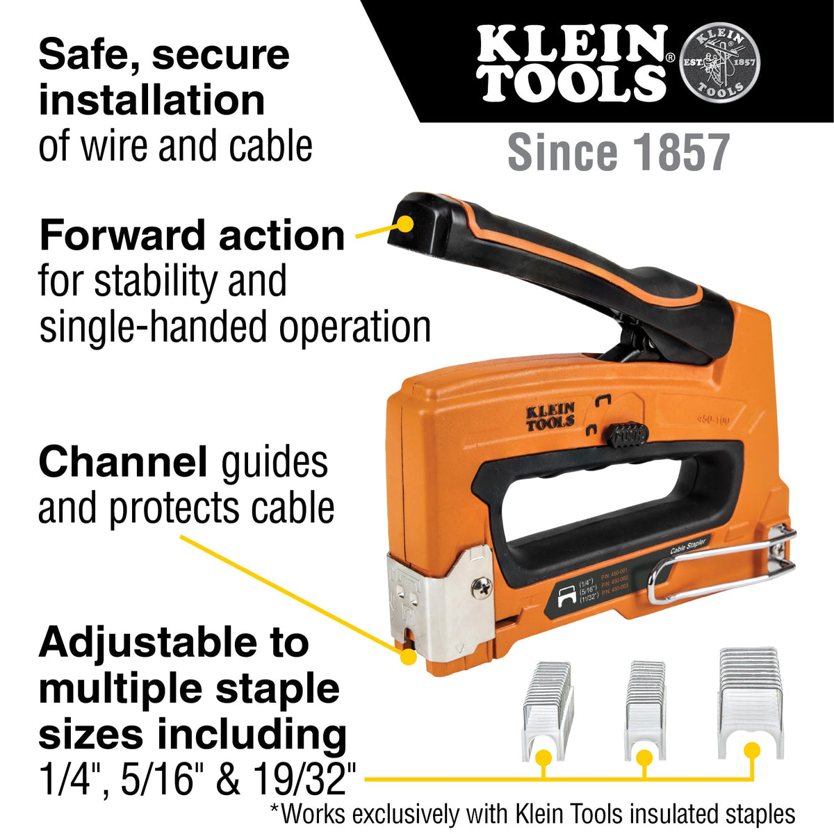 Klein Tools 450-100 stapler side view showing adjustable force lever for various sizes