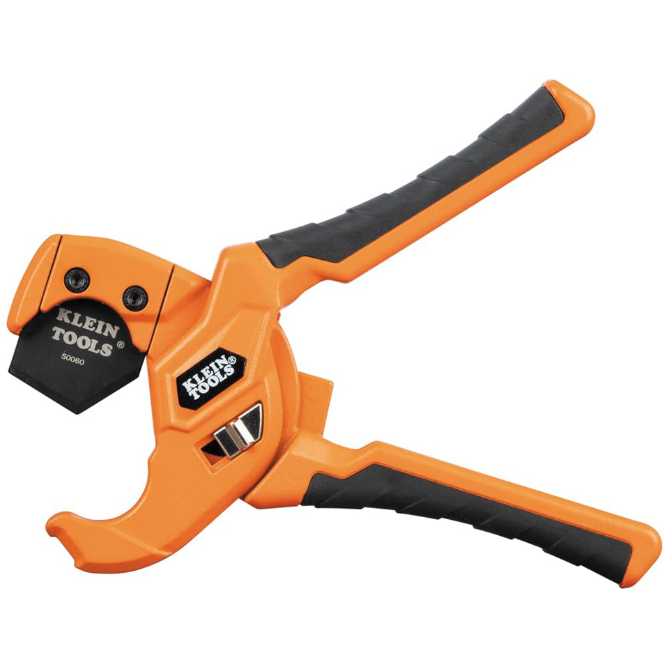 Klein Tools 50043 PEX cutter demonstrates 1 in ID capacity for precise cuts.