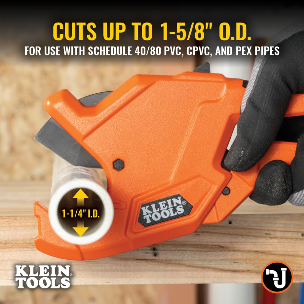 Klein Tools 50044 shows cutting capacity of 1-1/4 inch ID pipes
