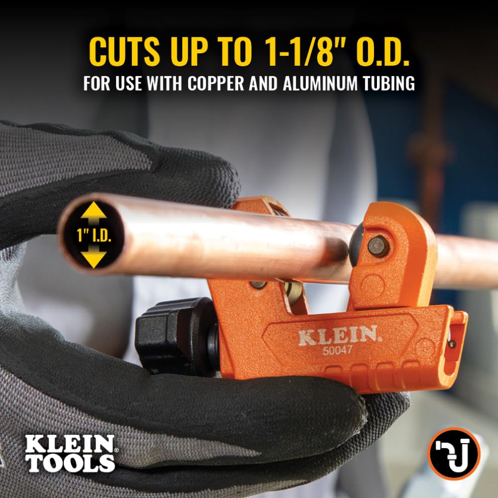 Klein Tools 50047 mini tubing cutter slicing aluminum tubing smoothly